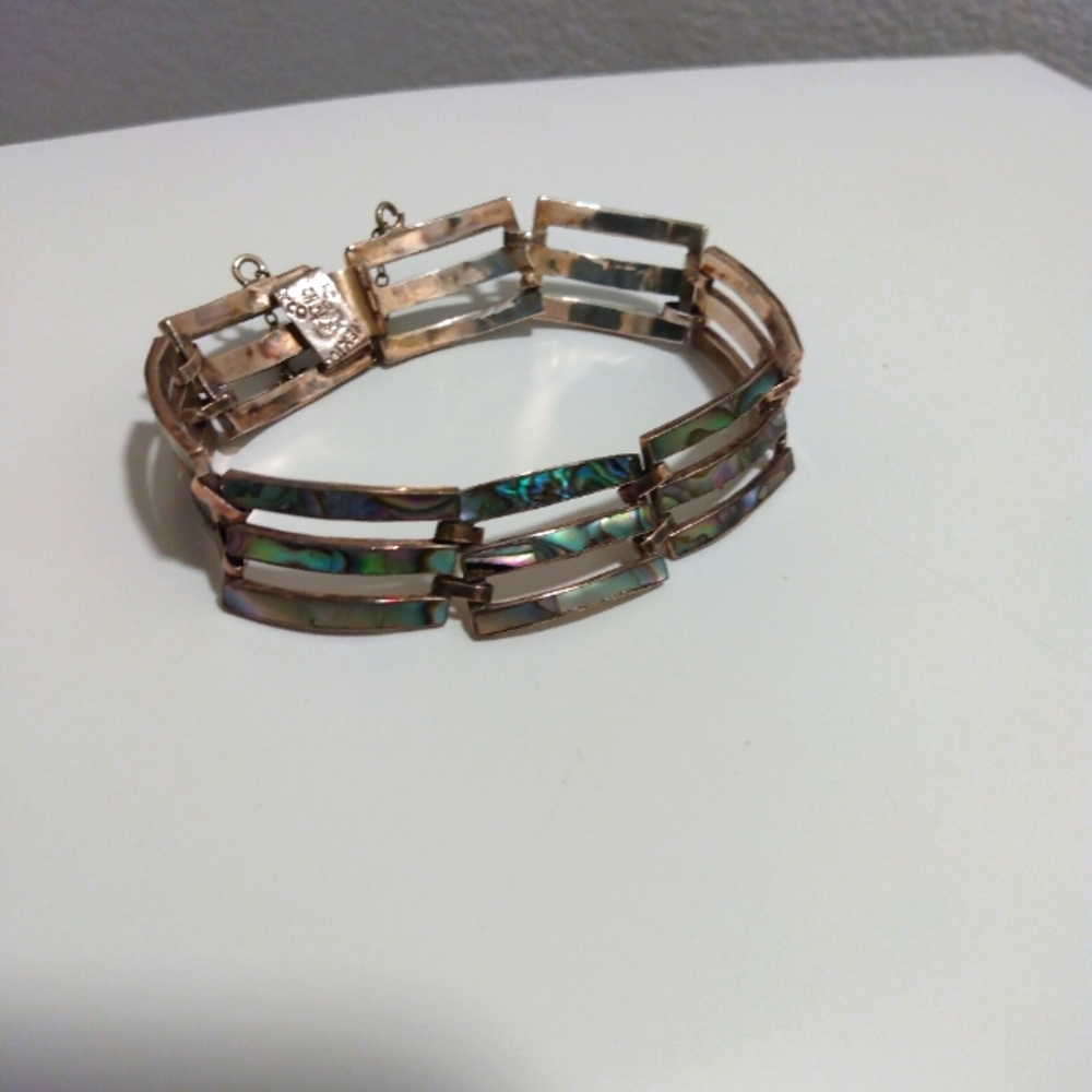 Vintage 1970s Abalone Shell Inlay Links  Women's Silver Bracelet